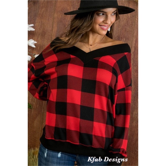 ❤️LAST! French Terry V Neck Contrast Band Soft Plaid Top! - Picture 9 of 10